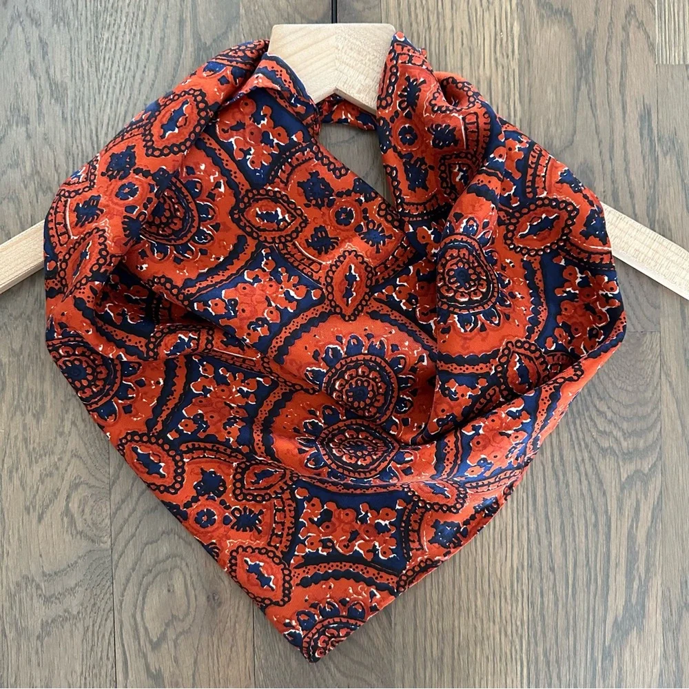 SOLD Anthropologie Vintage 100% Silk Paisley Printed Scarf Rust, Navy, and Cream - Picture 1 of 6